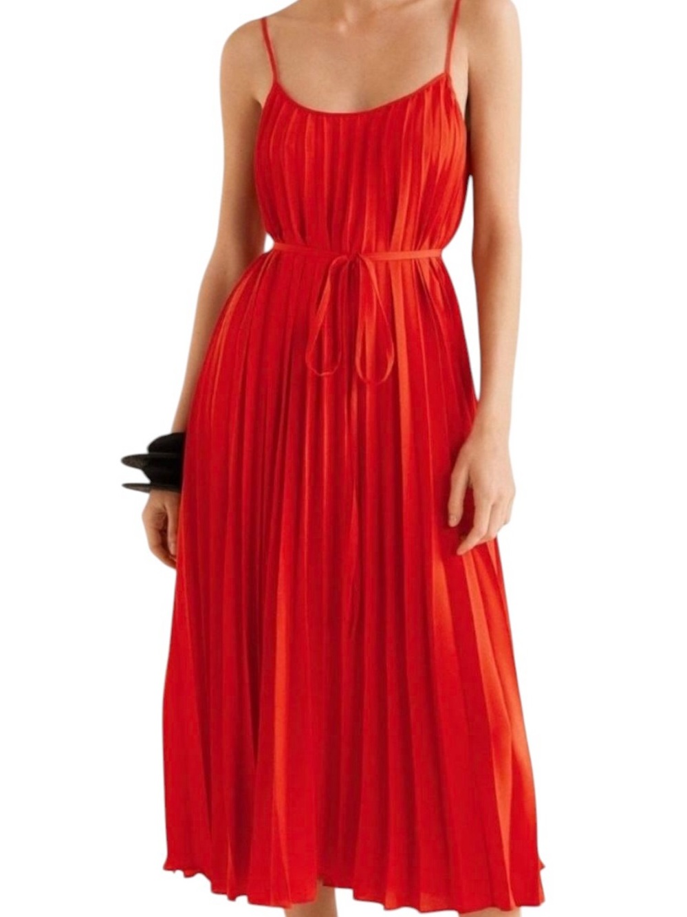 Sam Edelman Red Coral Pleated Spaghetti-Strap Midi Dress SATIN PLISSE Size L